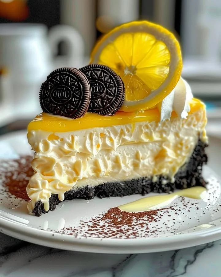 Slice of Lemon Oreo Cheesecake on a white plate with lemon garnish