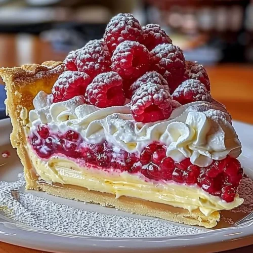 Lemon Raspberry Layered Pie with vibrant lemon and raspberry filling on a golden crust