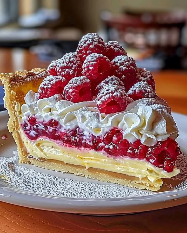 Lemon Raspberry Layered Pie with vibrant lemon and raspberry filling on a golden crust