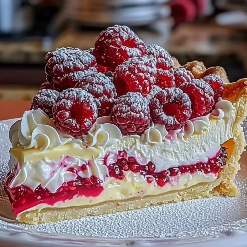 Lemon Raspberry Layered Pie with fresh raspberries and lemon slices