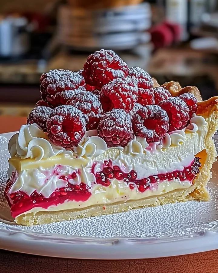 Lemon Raspberry Layered Pie with fresh raspberries and lemon slices