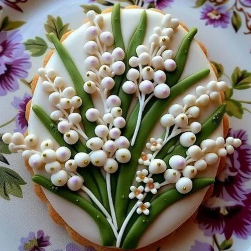 Lily of the Valley decorated sugar cookies with intricate designs