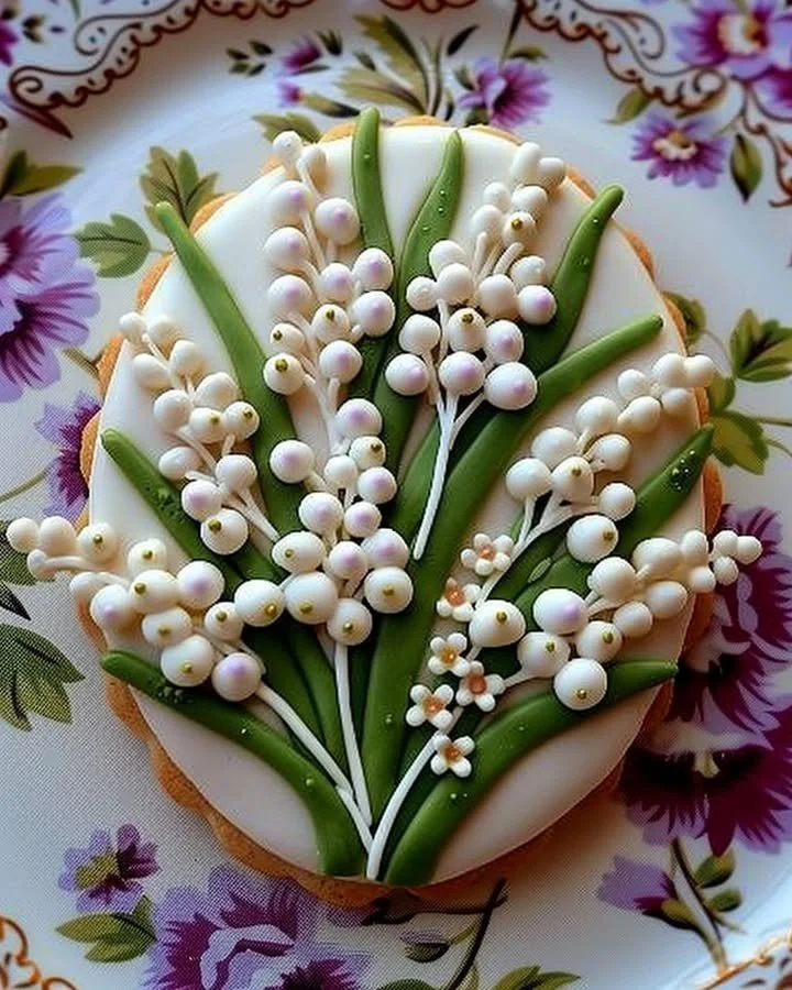Lily of the Valley decorated sugar cookies with intricate designs