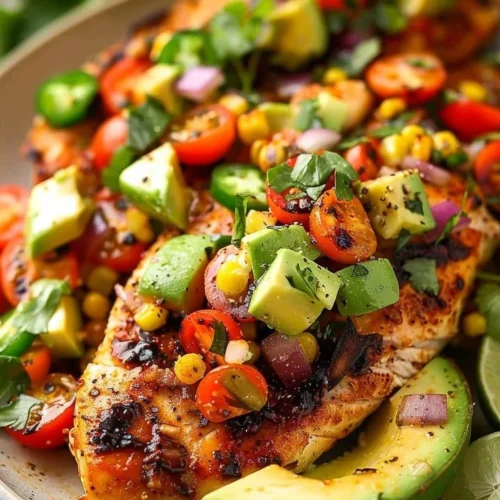 Lime chicken dish served with vibrant avocado salsa