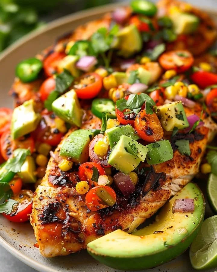Lime chicken dish served with vibrant avocado salsa