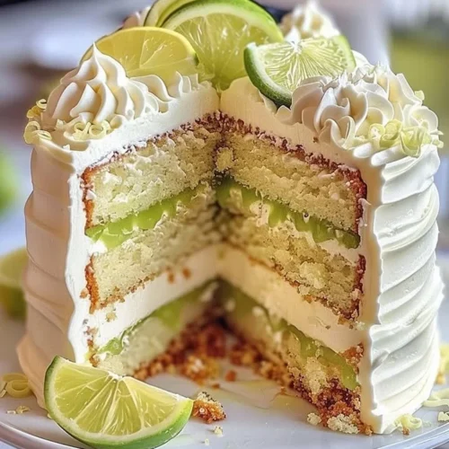Delicious Lime Pie Layer Cake with fresh lime slices and whipped cream topping.