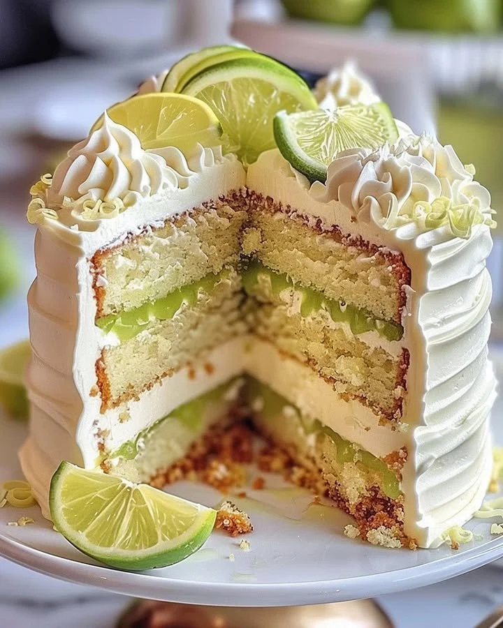 Delicious Lime Pie Layer Cake with fresh lime slices and whipped cream topping.