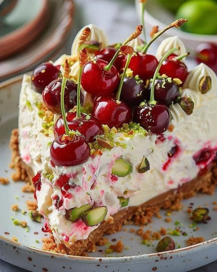 Luscious Lemon-Lime Cherry Pistachio Cheesecake with vibrant colors and toppings