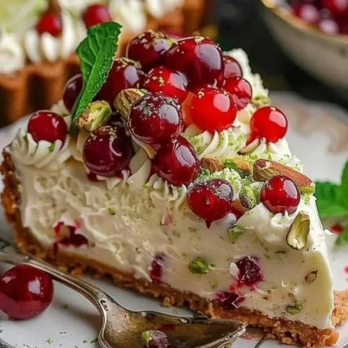 Luscious Lemon-Lime Cherry Pistachio Cheesecake topped with cherries and pistachios.