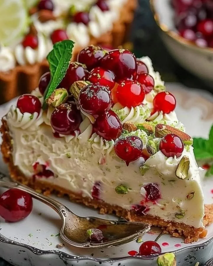 Luscious Lemon-Lime Cherry Pistachio Cheesecake topped with cherries and pistachios.
