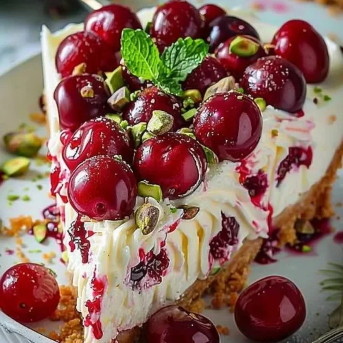 Lemon-Lime Cherry Pistachio Cheesecake with a vibrant topping