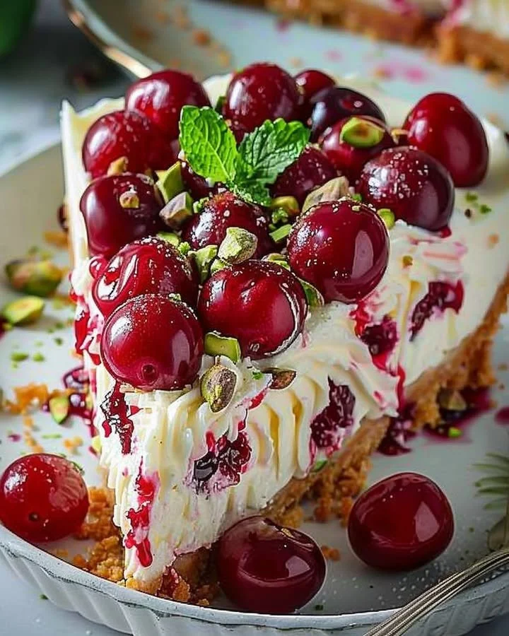 Lemon-Lime Cherry Pistachio Cheesecake with a vibrant topping