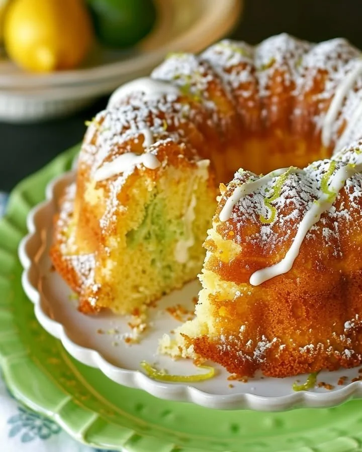 Luscious lemon-lime infusion cake topped with zesty frosting and garnished with citrus slices.