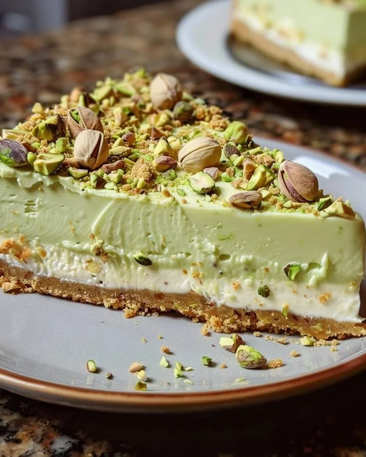 Luxurious pistachio cheesecake slice with creamy texture and green pistachio topping.