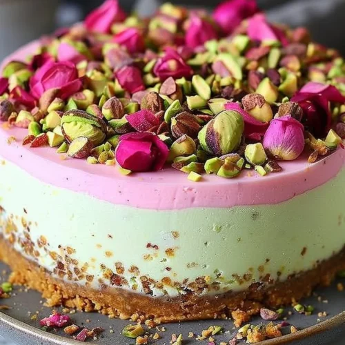 Luxurious Pistachio Rose Cheesecake with decorative toppings