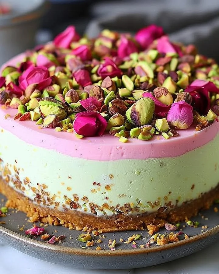 Luxurious Pistachio Rose Cheesecake with decorative toppings