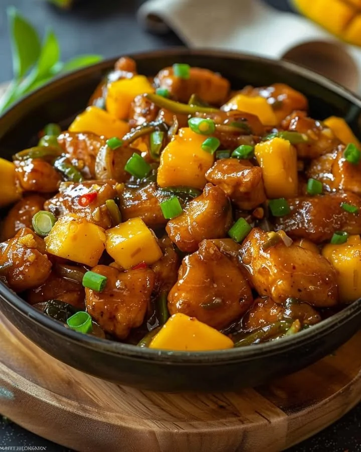 Plate of Mango Chili Chicken garnished with fresh herbs