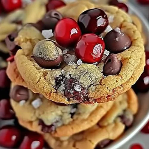 Delicious Maraschino Cherry Chocolate Chip Cookies topped with cherries.