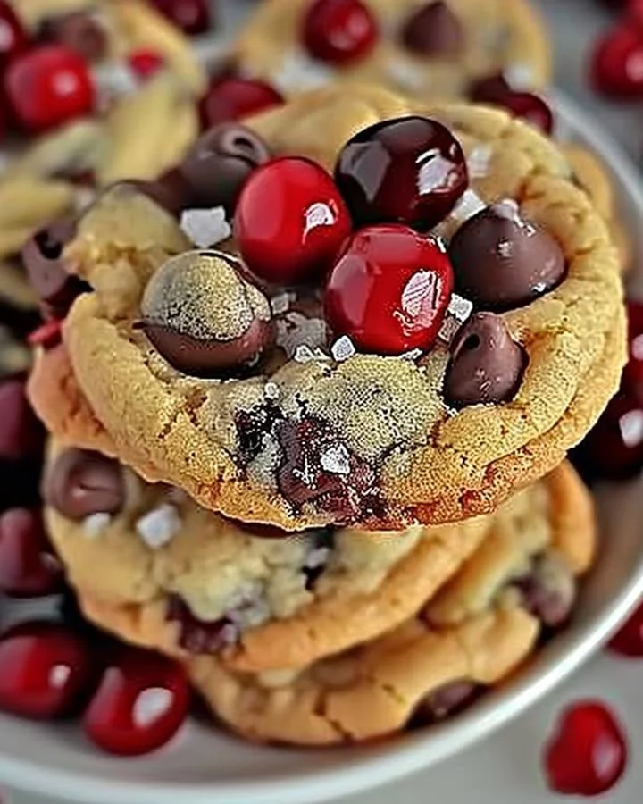 Delicious Maraschino Cherry Chocolate Chip Cookies topped with cherries.