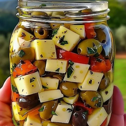 A platter of marinated cheese and olives, perfect for appetizers.