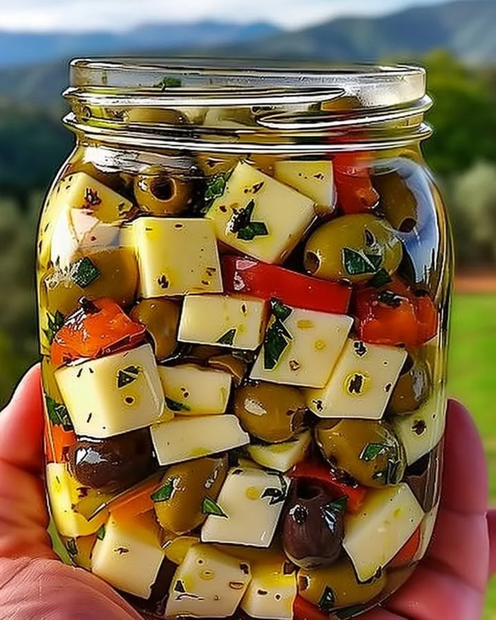 A platter of marinated cheese and olives, perfect for appetizers.
