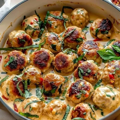 Plate of Marry Me Chicken meatballs garnished with herbs and sauce.