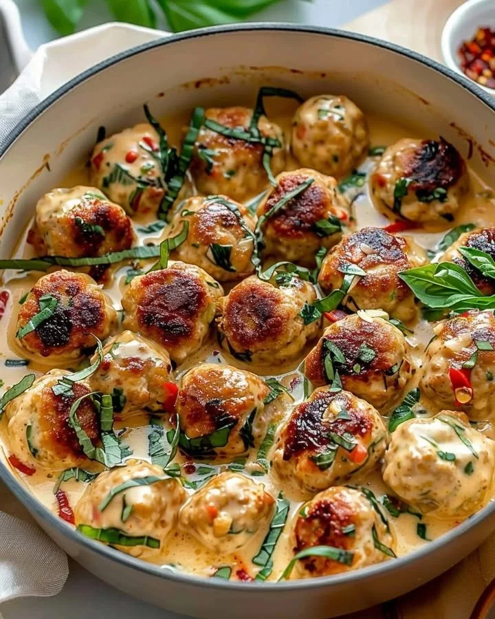 Plate of Marry Me Chicken meatballs garnished with herbs and sauce.