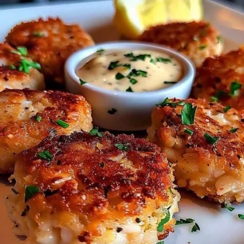 Delicious homemade Maryland crab cakes served on a platter with lemon wedges.