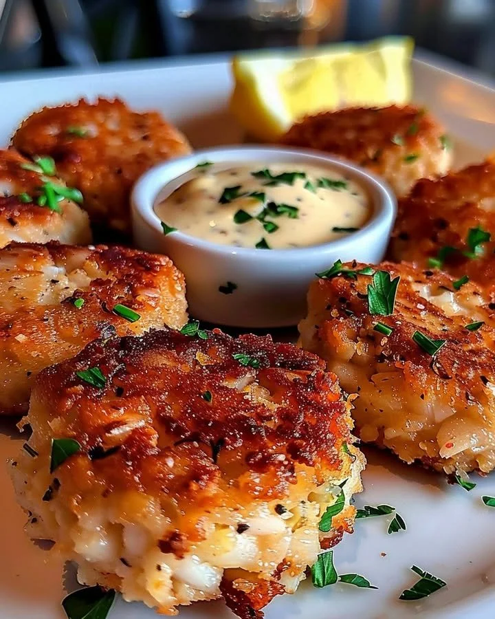Delicious homemade Maryland crab cakes served on a platter with lemon wedges.