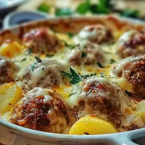 Delicious meatballs served with potatoes and melted cheese