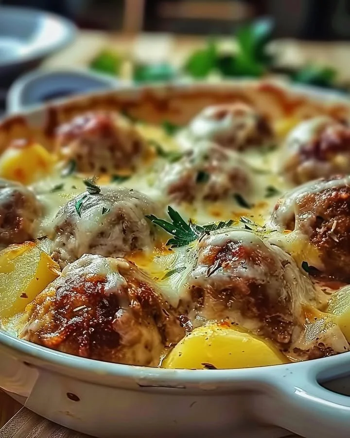 Delicious meatballs served with potatoes and melted cheese