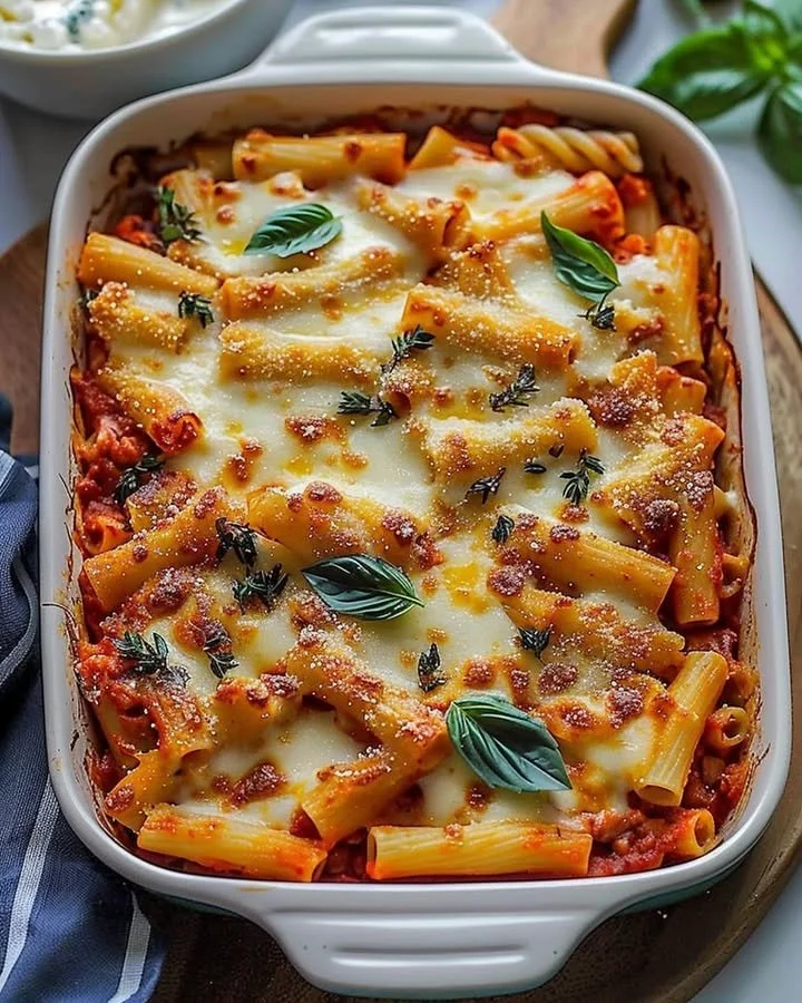 Delicious meatless baked ziti topped with melted cheese and fresh herbs