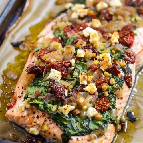 Mediterranean salmon bake dish with herbs and vegetables