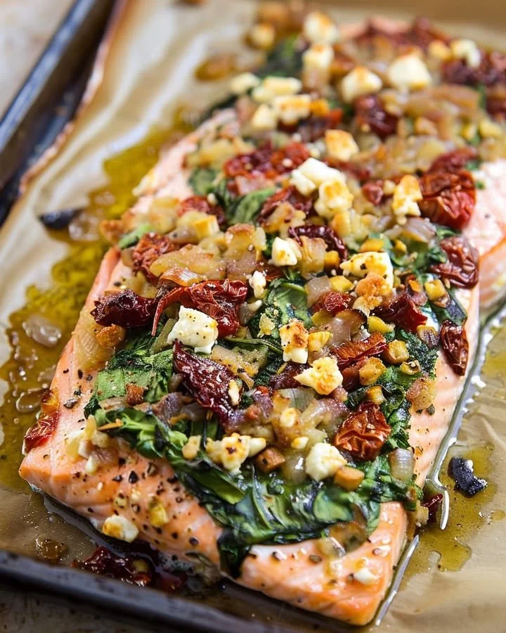 Mediterranean salmon bake dish with herbs and vegetables