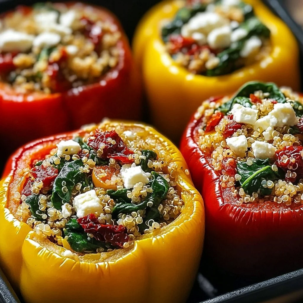 Mediterranean spinach feta stuffed peppers on a wooden platter