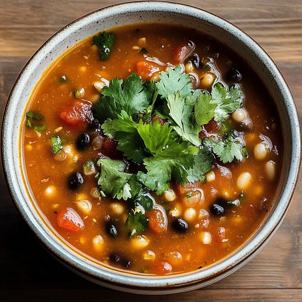 Bowl of Mexican beans and rice soup with colorful vegetables and herbs