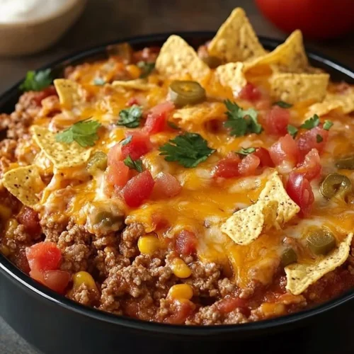 Delicious Mexican casserole topped with cheese and peppers