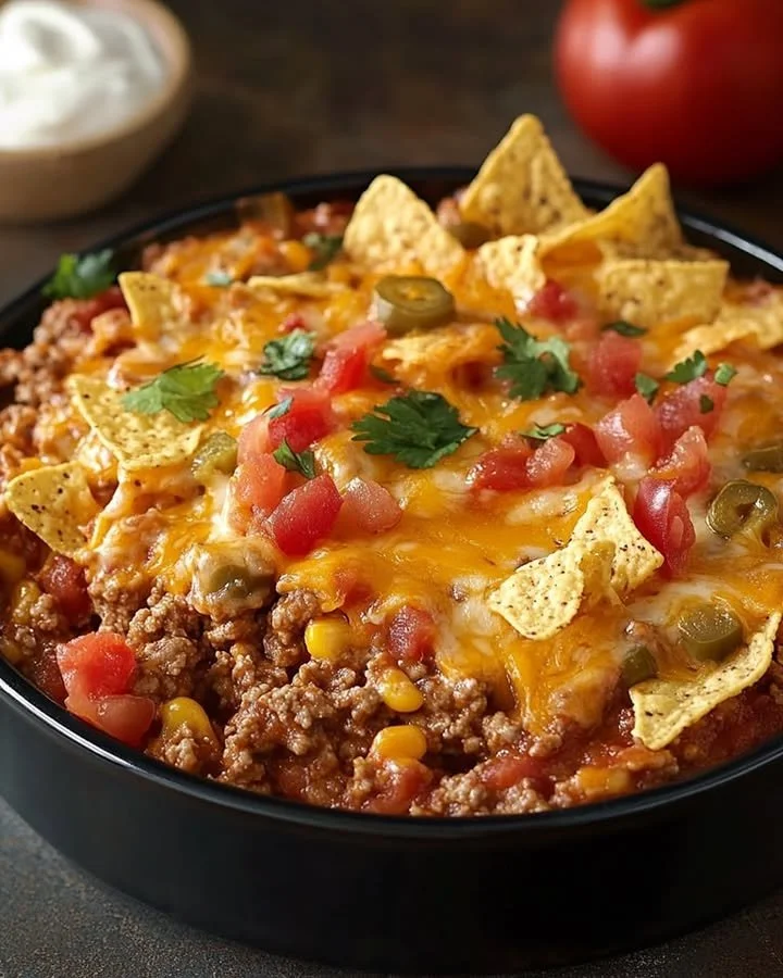 Delicious Mexican casserole topped with cheese and peppers