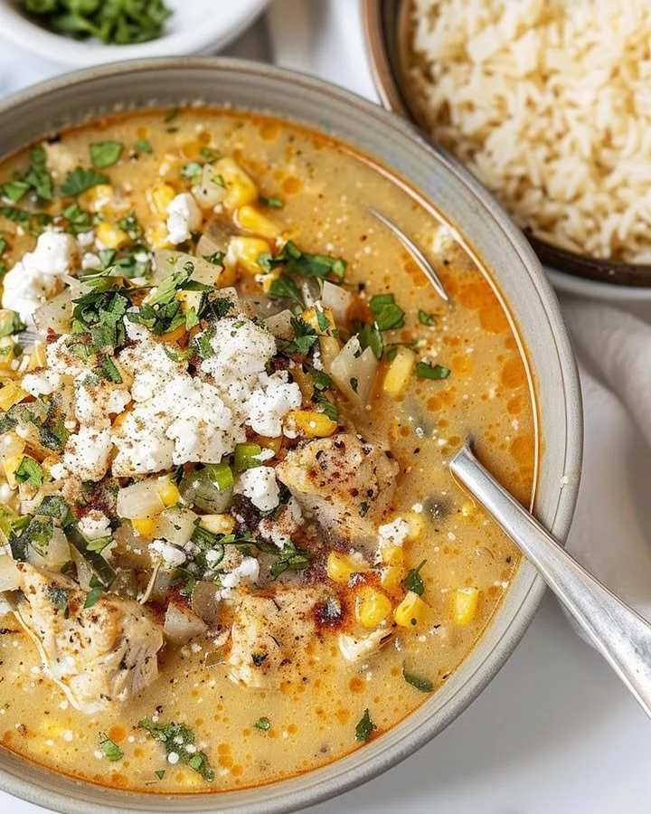 Delicious bowl of Mexican Street Corn Soup garnished with cilantro and lime