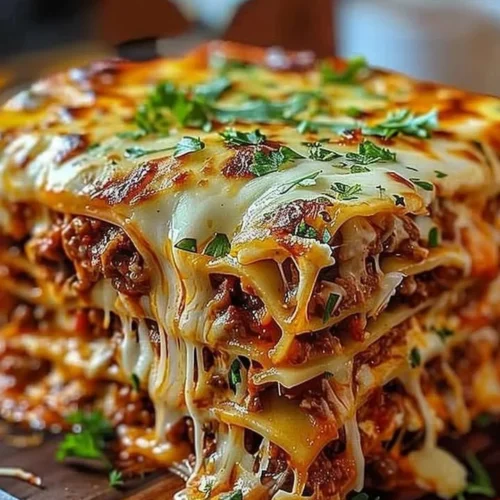 Delicious Million Dollar Lasagna served on a plate with fresh herbs