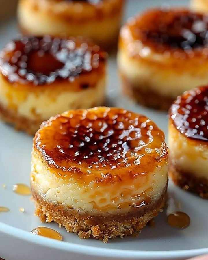 Mini crème brûlée cheesecakes topped with caramelized sugar