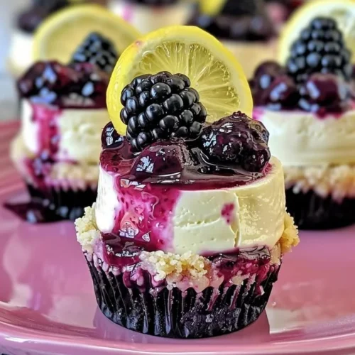 Mini lemon blackberry cheesecakes topped with fresh blackberries and lemon zest.