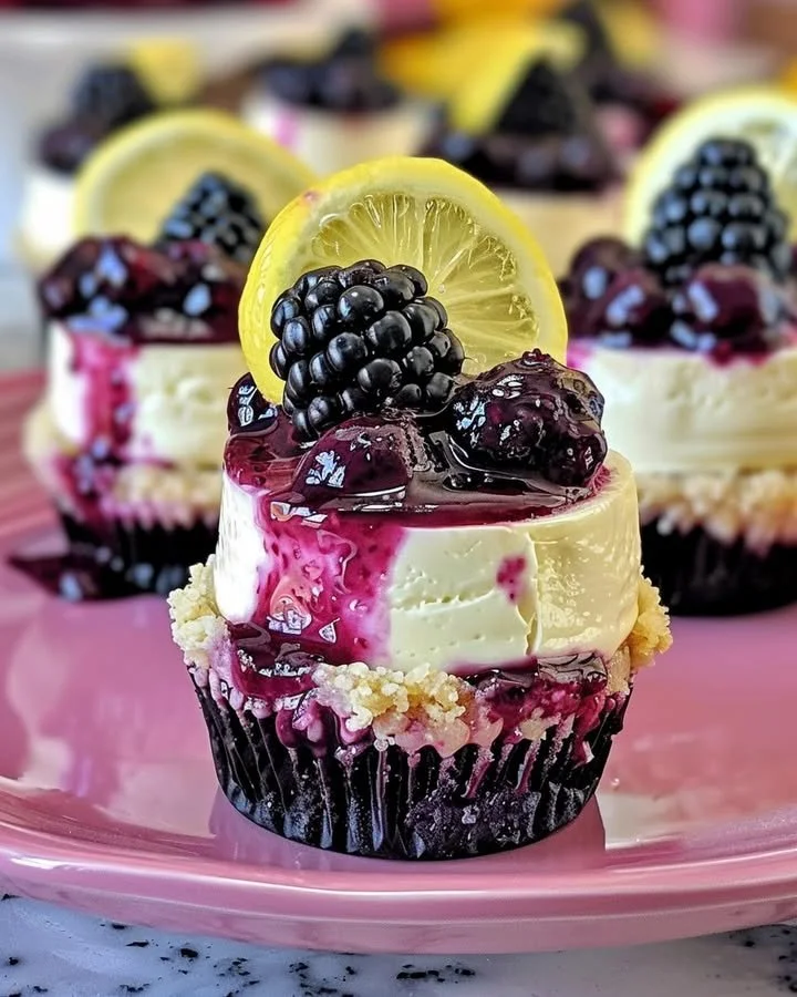 Mini lemon blackberry cheesecakes topped with fresh blackberries and lemon zest.