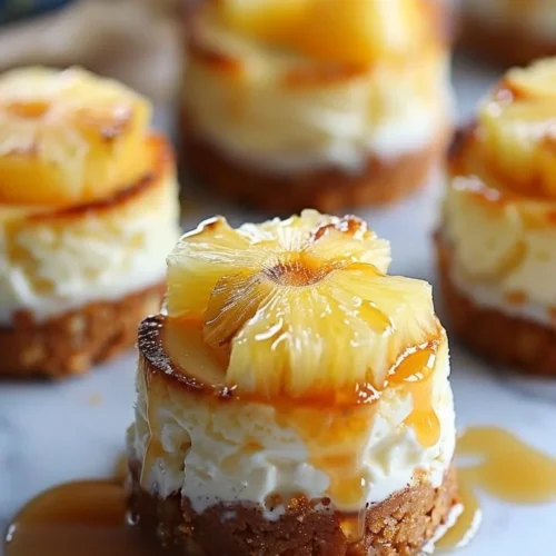 Mini Pineapple Upside-Down Cheesecakes with cherry topping