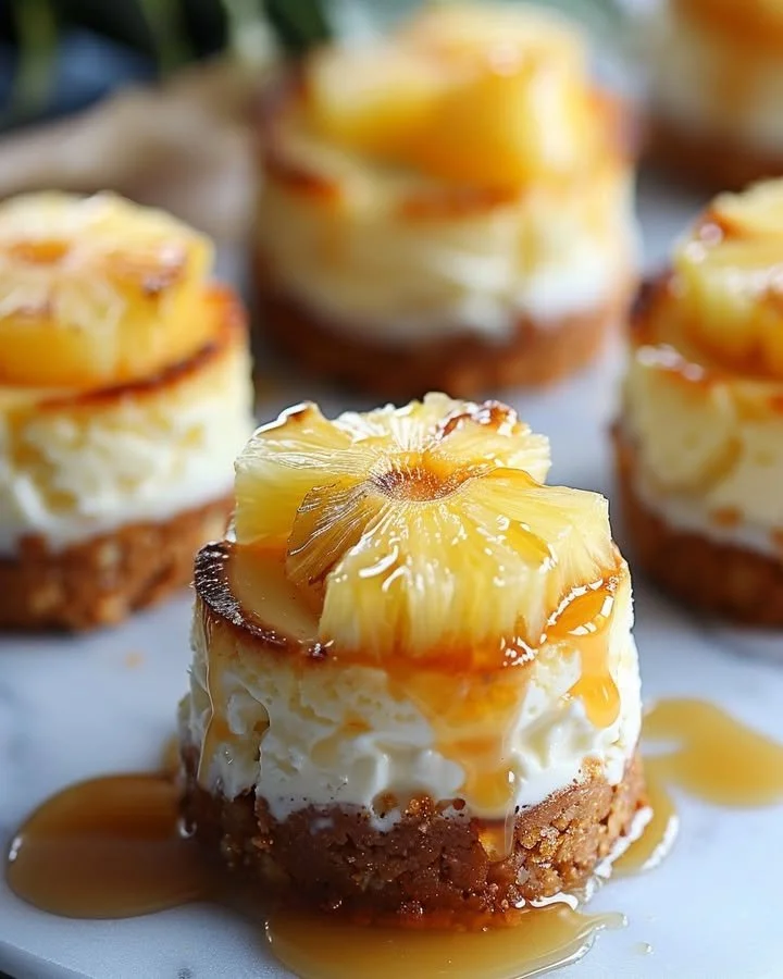 Mini Pineapple Upside-Down Cheesecakes with cherry topping