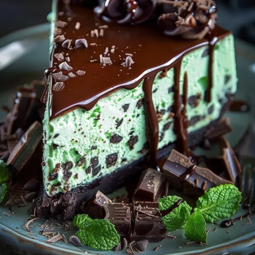 Delicious mint chocolate cheesecake topped with mint leaves and chocolate shavings.