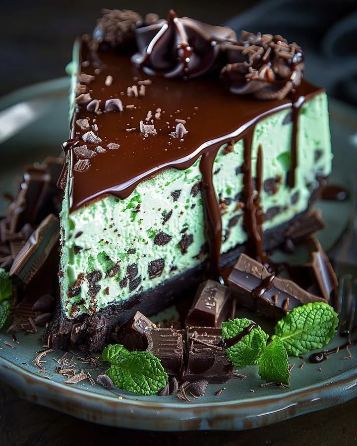 Delicious mint chocolate cheesecake topped with mint leaves and chocolate shavings.