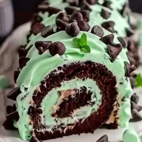 Mint Chocolate Chip Cake Roll with creamy filling and chocolate chips