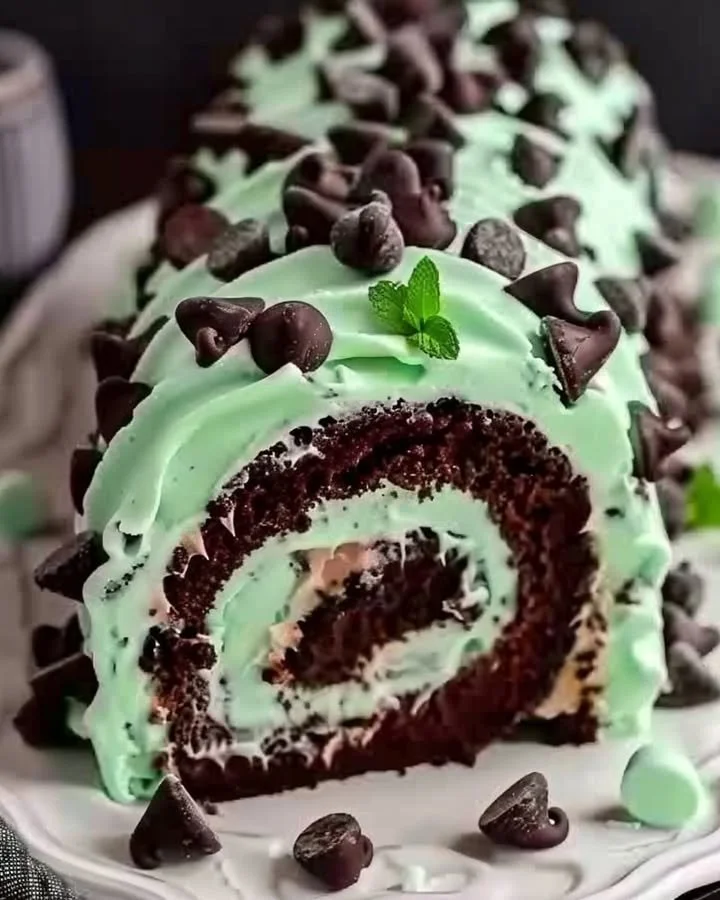 Mint Chocolate Chip Cake Roll with creamy filling and chocolate chips
