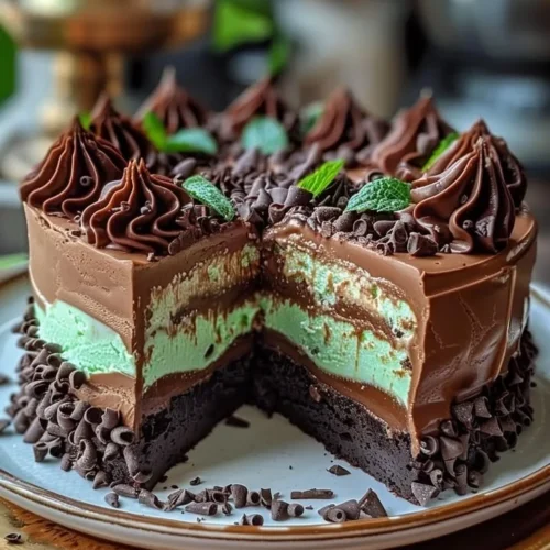 Delicious Mint Chocolate Fudge Cheesecake Cake with a minty chocolate topping.